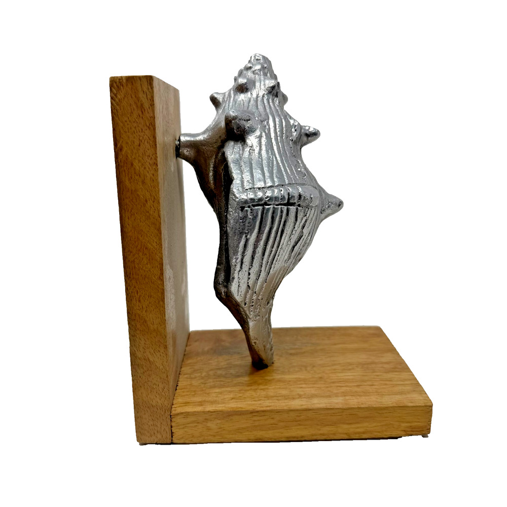 Vintage Cast Metal Shell Bookends Wood Base Made in India Nautical Decor - Picture 3 of 12